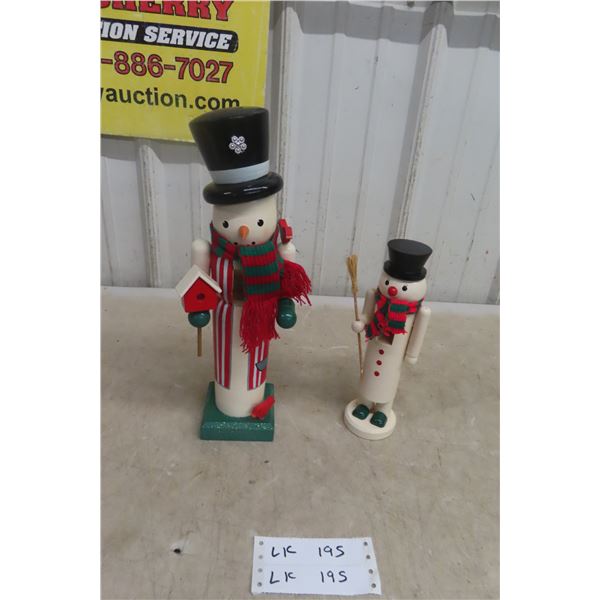 Pair of Vintage Hand-Painted Wooden Snowman Nutcrackers in Two Sizes.
