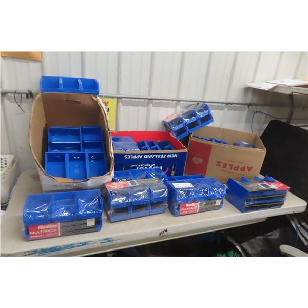 Three Boxes of New Heavy Blue Plastic Rust-Proof Interlocking Bins for Parts, Hardware, and Office