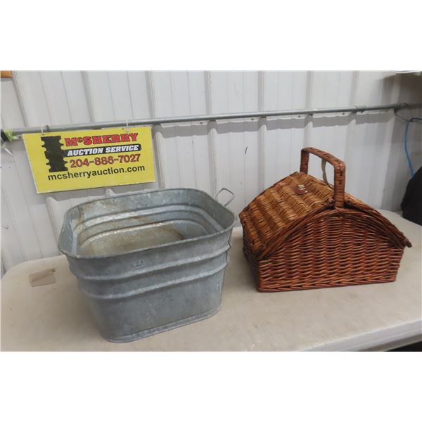 Large Antique Galvanized Wash Basin and Unused Vintage Wicker Picnic Basket with Complete Dish and