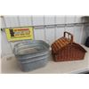 Image 1 : Large Antique Galvanized Wash Basin and Unused Vintage Wicker Picnic Basket with Complete Dish and