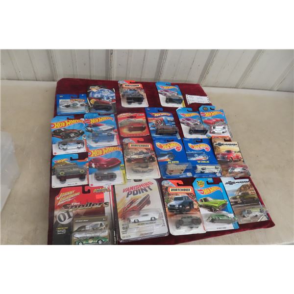 Twenty-One Die Cast Cars 1/64 Scale in Packages: Hot Wheels, Matchbox, and Johnny Lightning