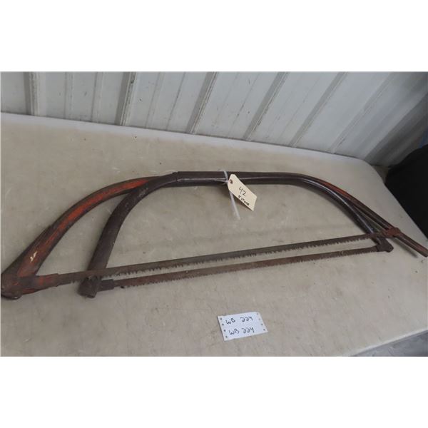 Two Large Vintage Buck Saws with Three Axes, Including One Welland Vale