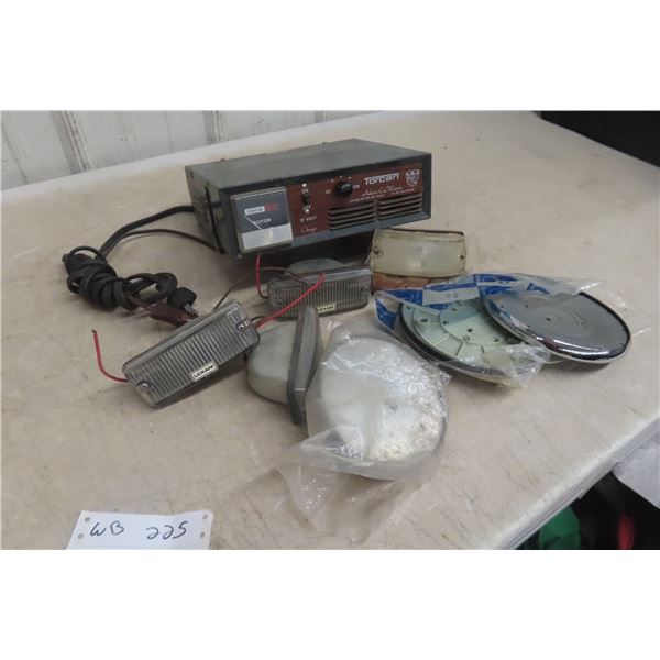 Vintage Car and Truck Parts Including Interior Heater, Marker Lights, and Mirror