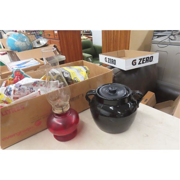 Antique Ten-Cup Clay Bean Pot and Eagle Oil Lantern with Glass Shade