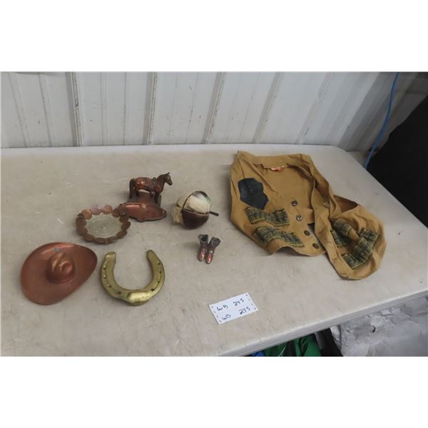 Vintage Western Décor Lot Including Ashtrays, Boots, Horseshoe, Medicine Bottle, and Woods Canvas