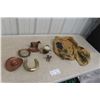 Image 1 : Vintage Western Décor Lot Including Ashtrays, Boots, Horseshoe, Medicine Bottle, and Woods Canvas
