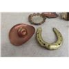 Image 5 : Vintage Western Décor Lot Including Ashtrays, Boots, Horseshoe, Medicine Bottle, and Woods Canvas