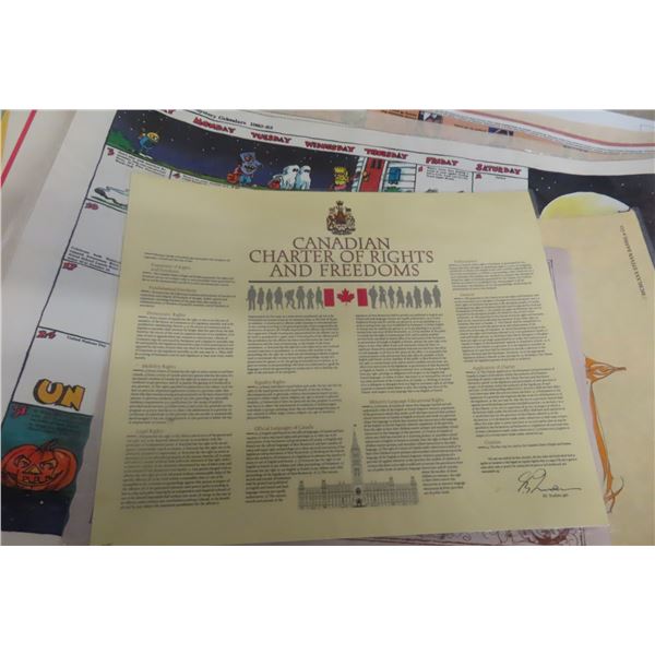 Fourteen Laminated 1980s Educational Posters Including Charter of Rights and Canada Map