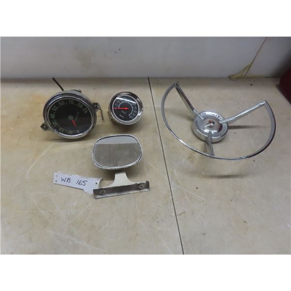 Vintage 1956–1957 Ford Galaxie Steering Wheel Horn Ring, Gauges, and Firebird Mirror