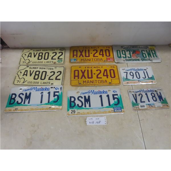 Nine License Plates Including Four Vintage Plates and Two Bison Plates, Manitoba and Florida
