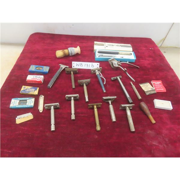 Ten Vintage Safety Razors with Blades, Hair Clipper, Brush, and Matchbook Covers