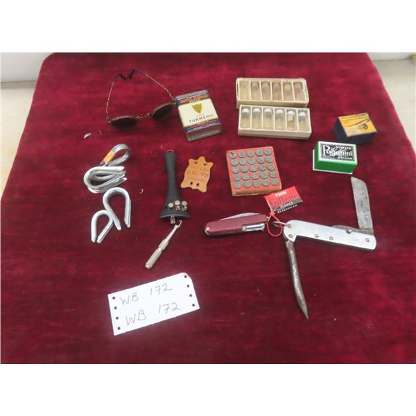 Assortment of Vintage Knives, Sunglasses, Tin, Bottles, Violin Parts, and Metal Stamps