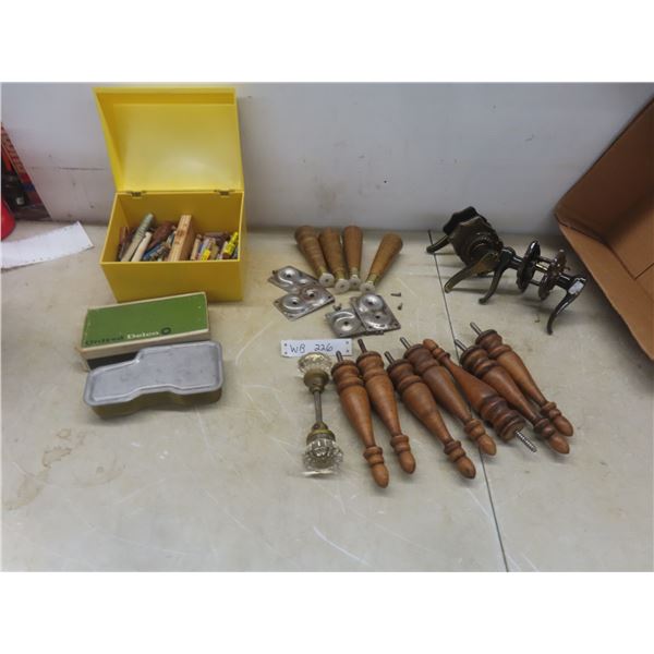 Assorted Antique Furniture Hardware Including Finials, Glass Knobs, Doorbell, and Wood Legs