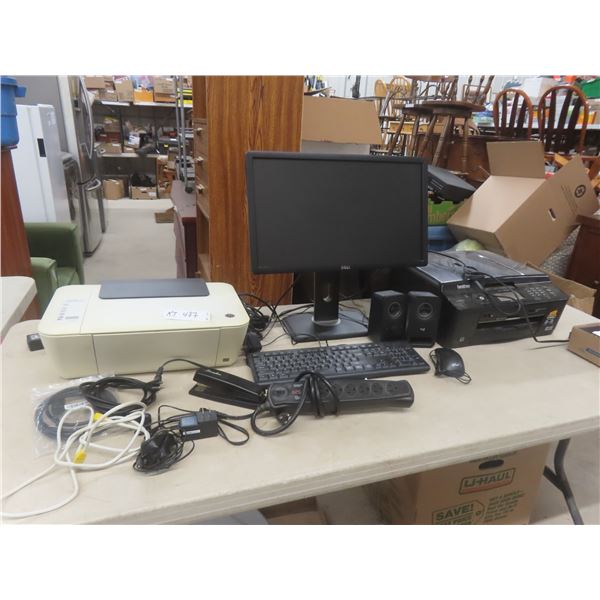 Dell Monitor, Keyboard, Two Speakers, Mouse, Two Printers, Power Bar, and More