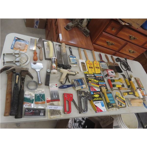 Painting Supplies Including Brushes, Scrapers, Trowels, Knives, Glue Gun, Duct Tape, Hammers, and