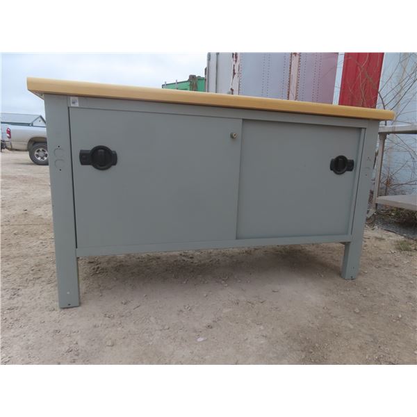 Steel Work Table and Storage Cabinet With Butcher Block Top, 34" x 30" x 60"