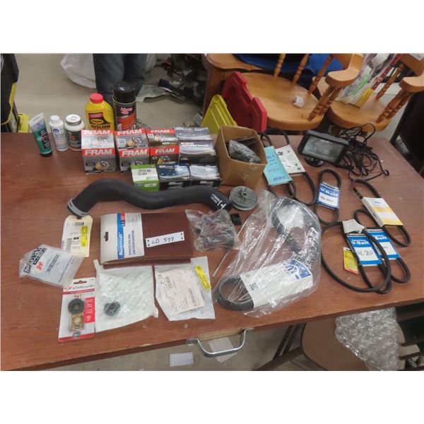 Auto Supplies Including New V-Belts, Steering and Suspension Parts, Fram Oil Filters, Rad Hose, and