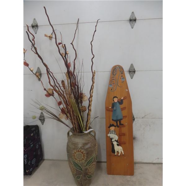 Large Floor Vase With Dried Flowers and Twisted Willows, 76" High, and Wooden Ironing Board