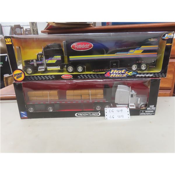 Two Diecast Tractor Trailers, 1/32 Scale (Peterbilt and Freightliner) in Original Packaging