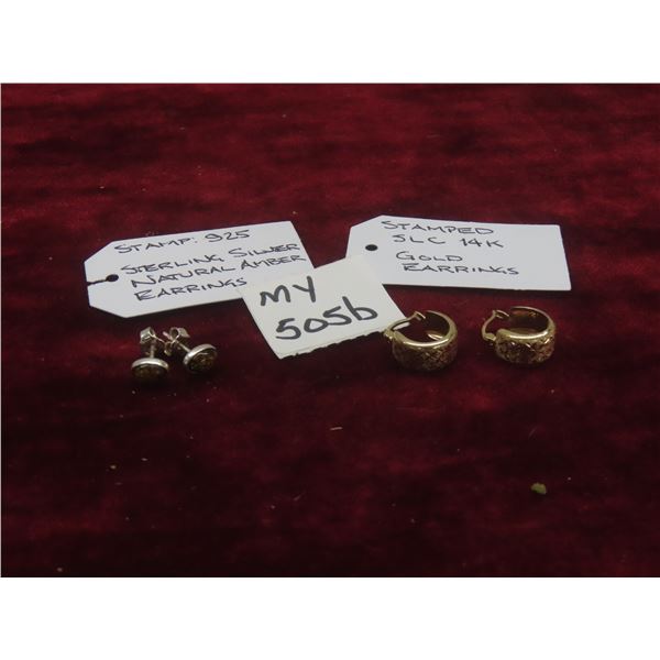 Two Pairs of Earrings: 14K SLC (Stamped) Gold Hoops and Stamped 925 Sterling Silver and Amber Studs