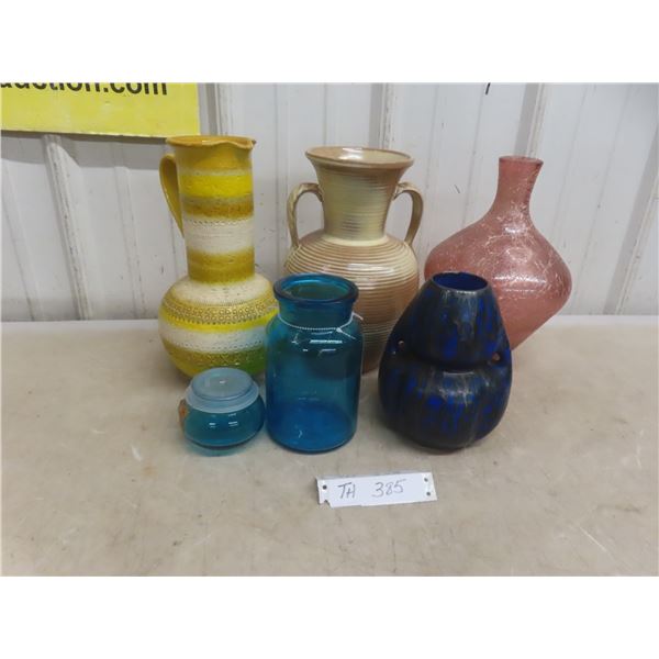 Art Glass Vases, Crackle Glass, and Pitcher