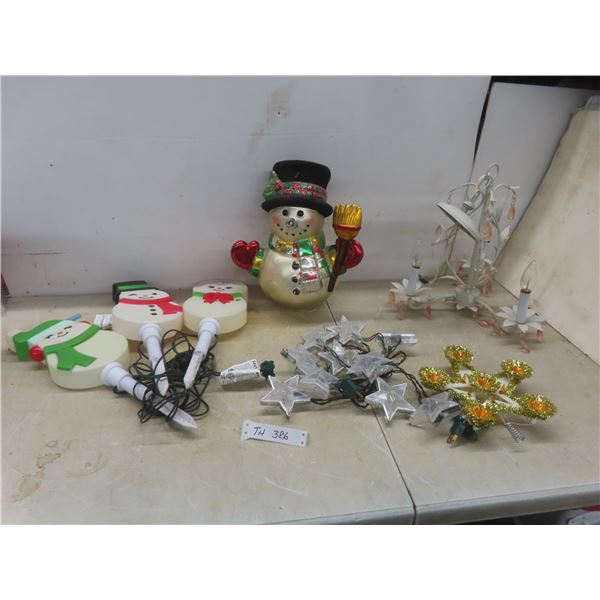 Christmas Decorations Including 3 Outdoor Snowman, Tree-Top Star, Lights, and White Chandelier With