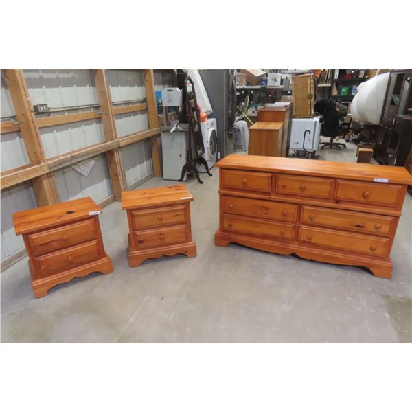 Pine Dresser (33" x 61" x 17") with Two Nightstands (24" x 16" x 24")