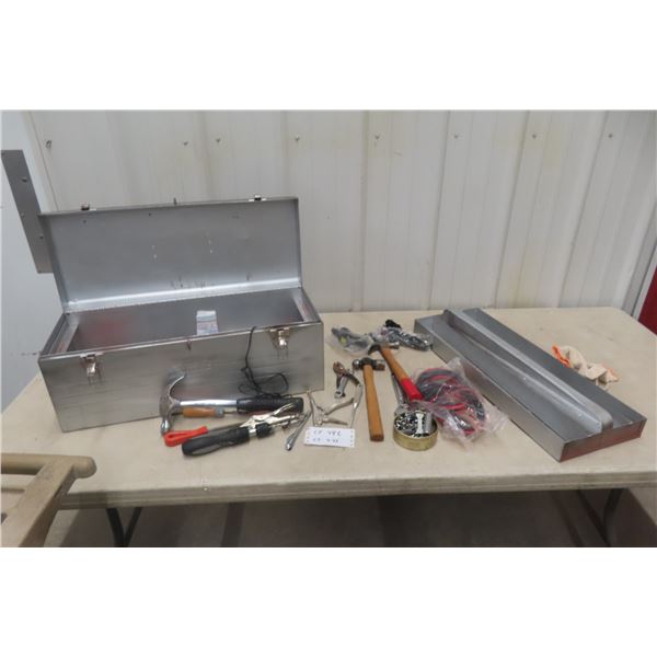 Metal Tool Box with Hammers, Booster Cable, and Assorted Tools