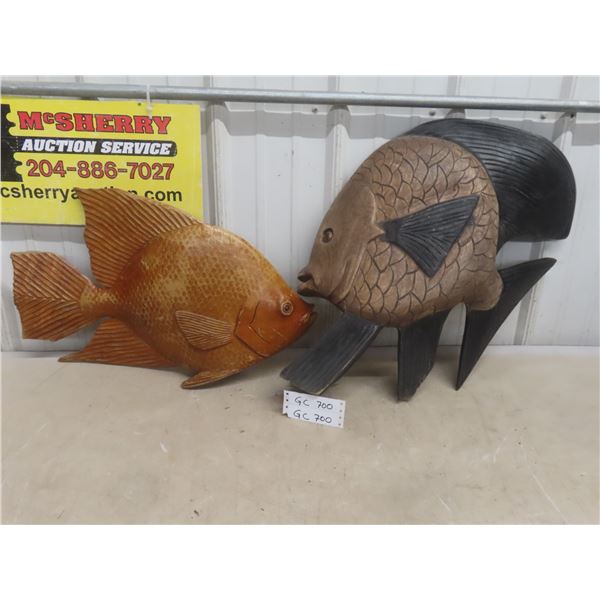 Two Carved Kissing Fish, Largest 22  x 27 