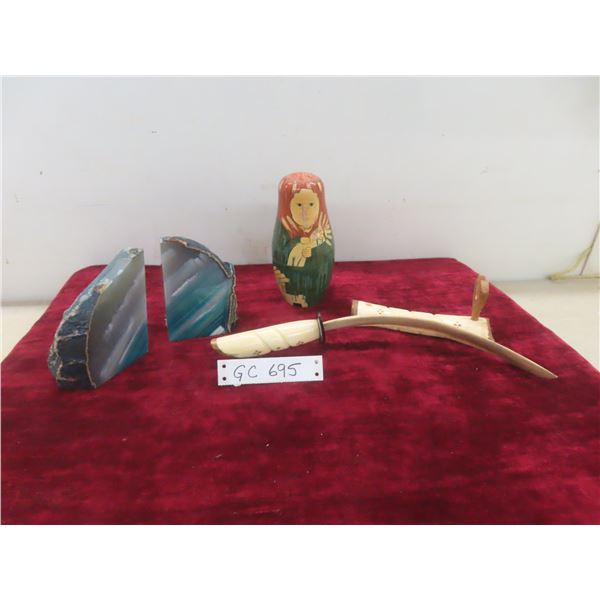 Agate Bookends; Russian Nesting Doll; Knife with Stand