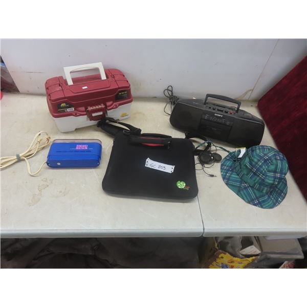 Sony Portable AM/FM/Cassette Player; Tackle Box; Lucky Fishing Hat and More