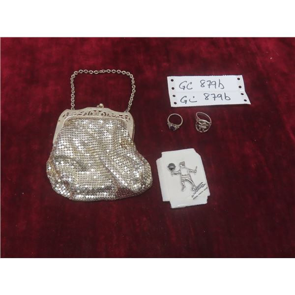 Vintage Art Deco Whiting & Davis Sterling Silver Mesh Purse, Sterling Silver Ring and Brooch With