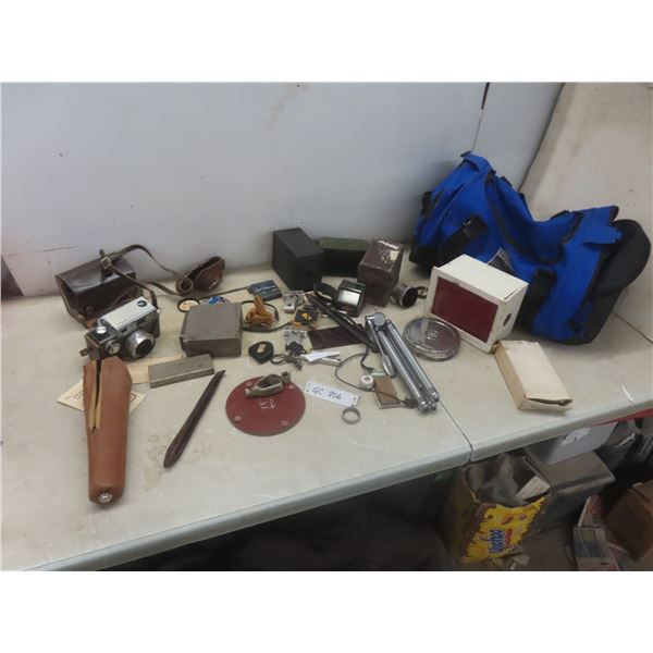 Vintage Cameras with Tripod, Red Duffle Bag & More (Missing Shoulder Strap)