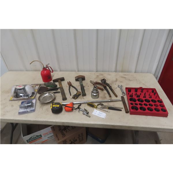 Assorted Hand Tools: Sledge Hammer, Spring Kit, Bar, Pliers, and More
