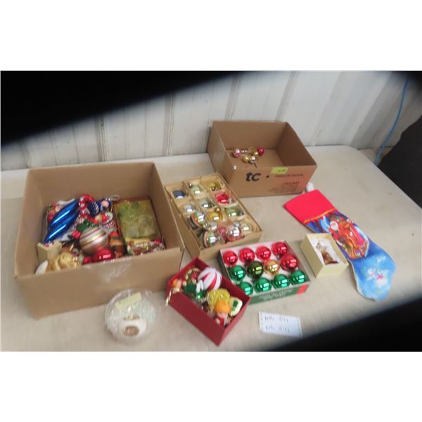 Two Boxes of Christmas Ornaments and Decorations