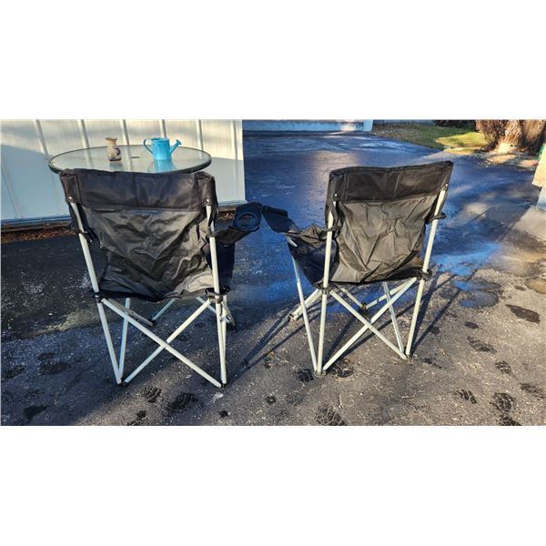 40" Water-Wave Glass-Top Patio Table, Two Folding Lawn Chairs, Watering Can, and Mazatlán Vase