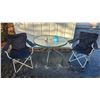 Image 1 : 40" Water-Wave Glass-Top Patio Table, Two Folding Lawn Chairs, Watering Can, and Mazatlán Vase