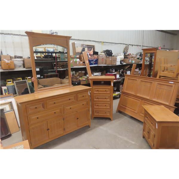 Four-Piece Solid Wood Bedroom Set: Dresser (47" x 27" x 19"), Dresser (40" x 68" x 19"), Bed (64"