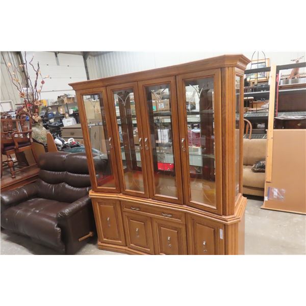 Two-Piece Oak China Buffet/Cabinet, 77" x 64" x 19"