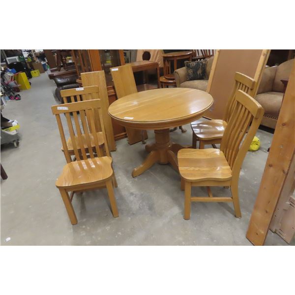 Oak Pedestal Table, 30  High, 42  Diameter, With Two 12  Leaves and Four Chairs