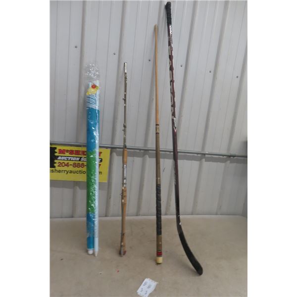 Easton Right Hand Hockey Stick, Fishing Rod, Pool Cue, and Beach Umbrella