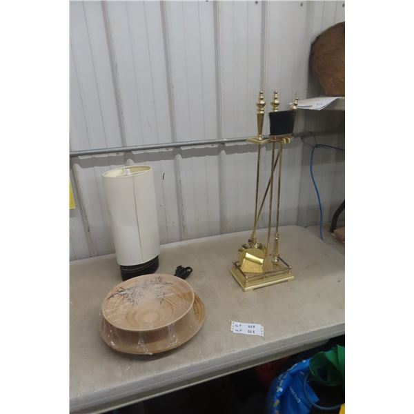 Fireplace Tools, Table Lamp, and Wood Bowl