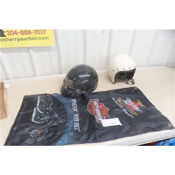 Harley-Davidson Flag, Two Helmets, HJC Beanies, and Visor Helmet