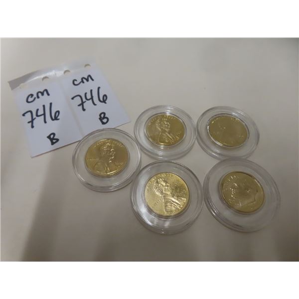 Five Gold-Plated U.S. One-Cent Coins