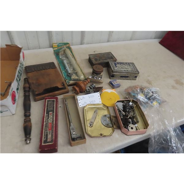 Assorted Vintage Store Hardware, Tins and Tool