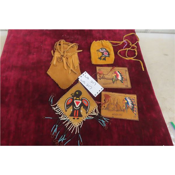 Five First Nations Handcrafted Medicine Bags, Two Postcard Wallets and Beaded Dream Catcher