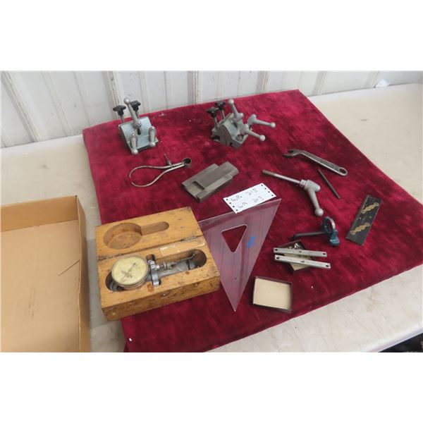 Assorted Vintage Machinist and Auto Tools Including P&G Valve Gapper, Two Lathe Vises and Sliding