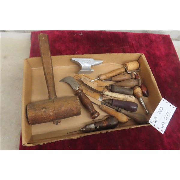 Fifteen Vintage Leatherworking Tools Including Anvil, Hammer, Needles, Awls and Stitcher