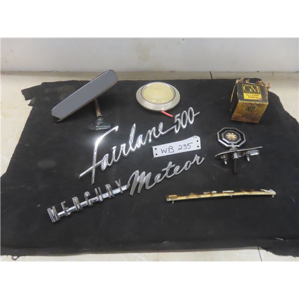 Four Vintage Auto Chrome Emblems and Mirror (1963 Fairlane 500, 1963 Mercury Meteor, Pontiac Grand