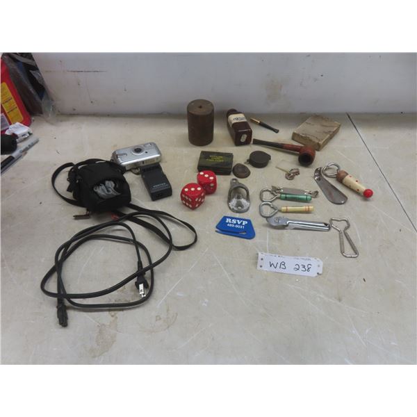 Assorted Vintage Items Including Seven Bottle Openers, Shoe Horn, Dice, Pipe, Pharmacy Bottle and